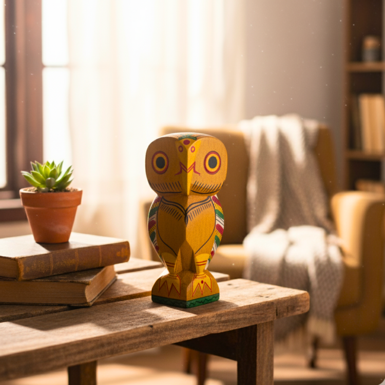 Handcrafted Wooden Owl Showpiece Yellow (beak, eyes, decorative patterns)(9-inch)