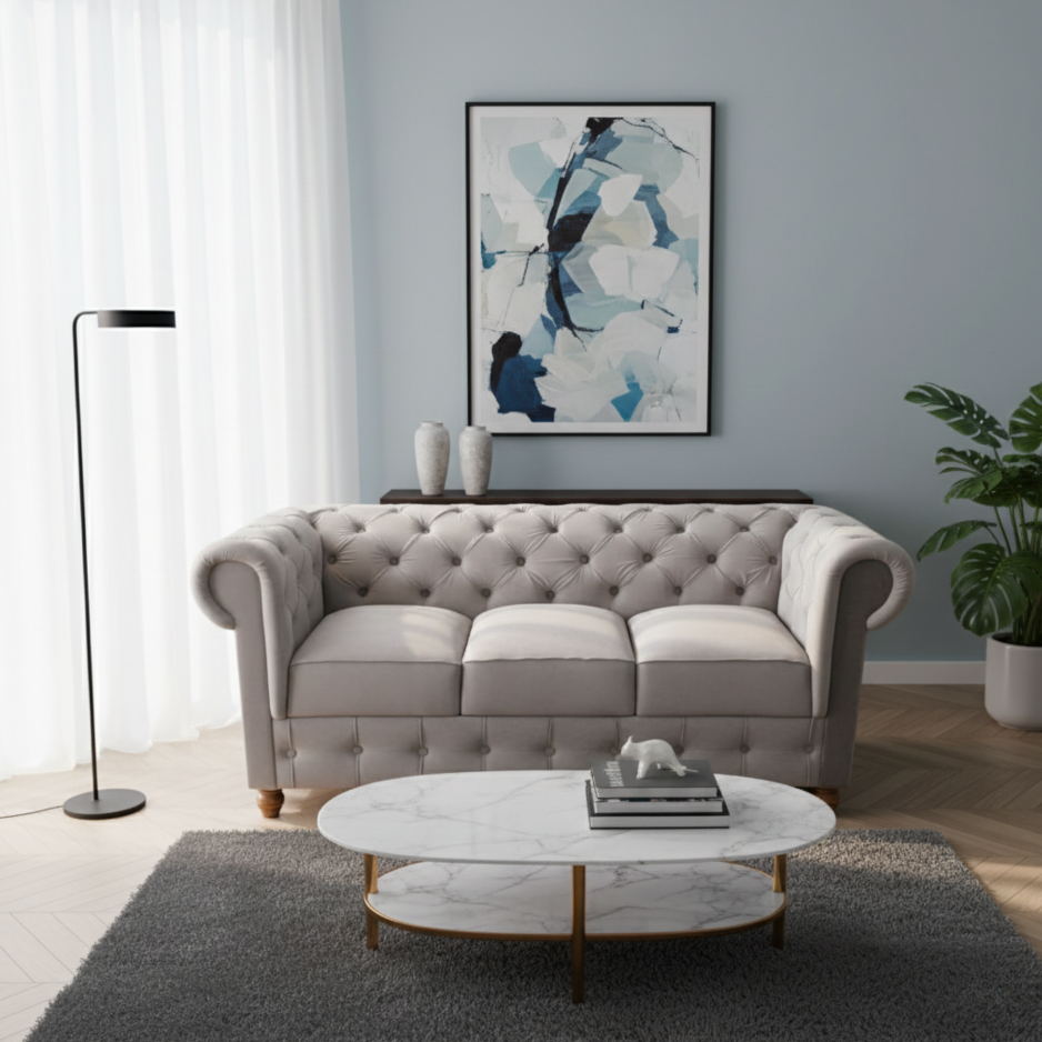 GAAOO Classic Elegant Light Grey & white Chesterfield 3-Seater Sofa