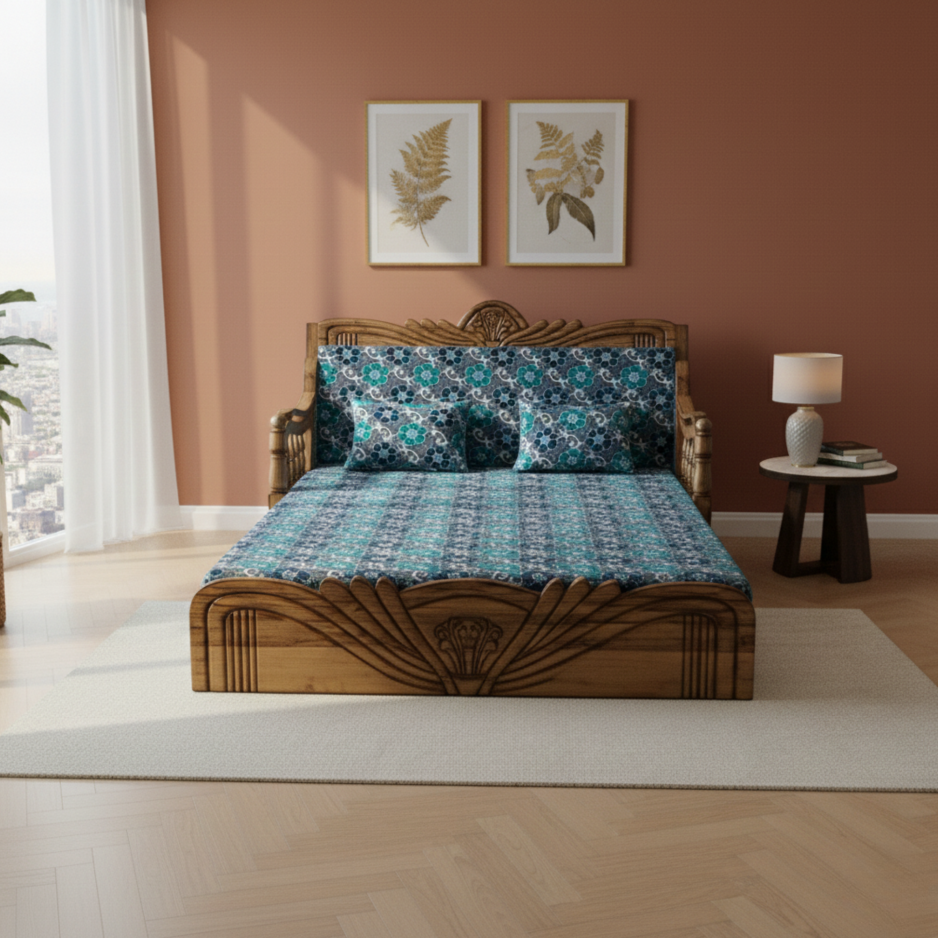 GAAOO Royal Wooden Sofa Cum Bed – Wood Grey Floral Fabric 