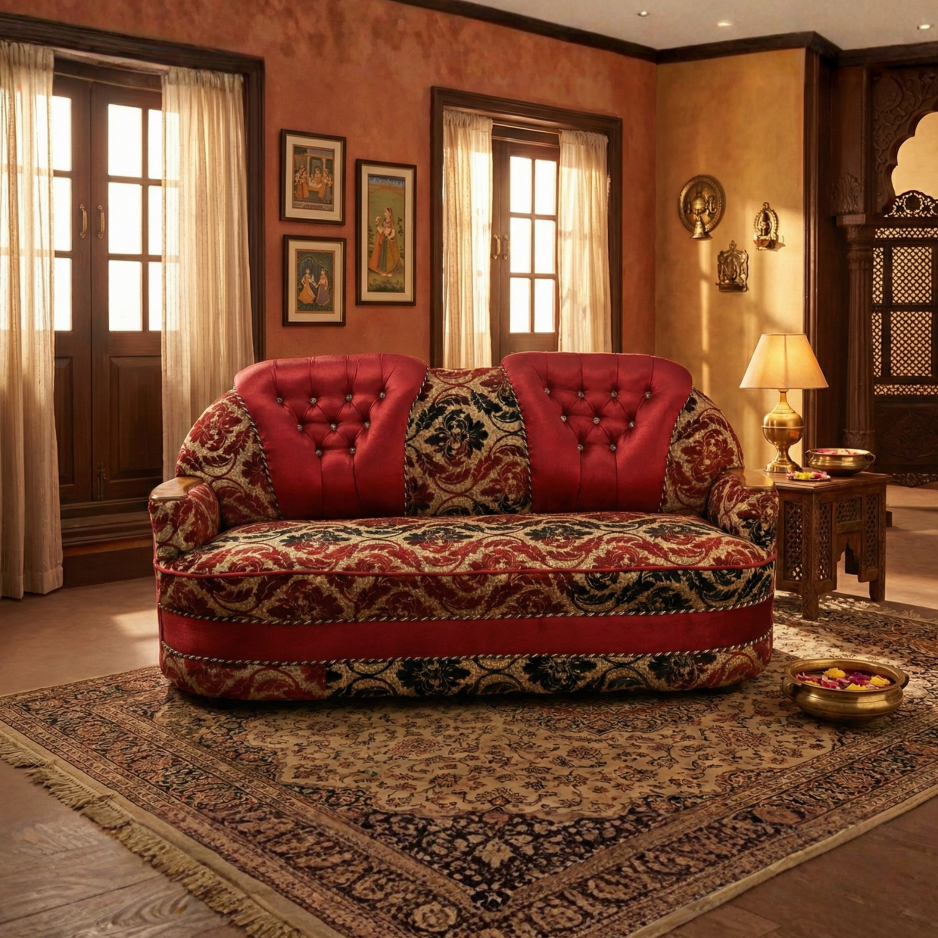 Gaaoo Premium 2-Seater Sofa – Red & Gold Floral Fabric Design