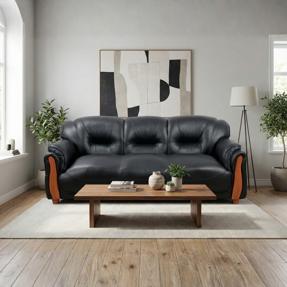 Gaaoo Premium 3-Seater Leatherette Sofa – Matte Black with Wooden Accents