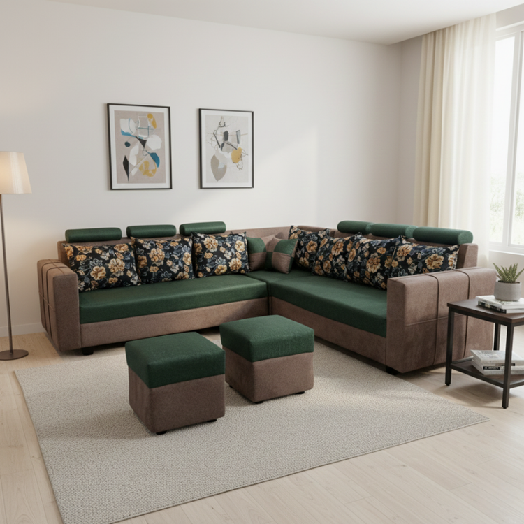 GAAOO L-Shape Premium Fabric Sofa Set with Cushions (Green & Brown)