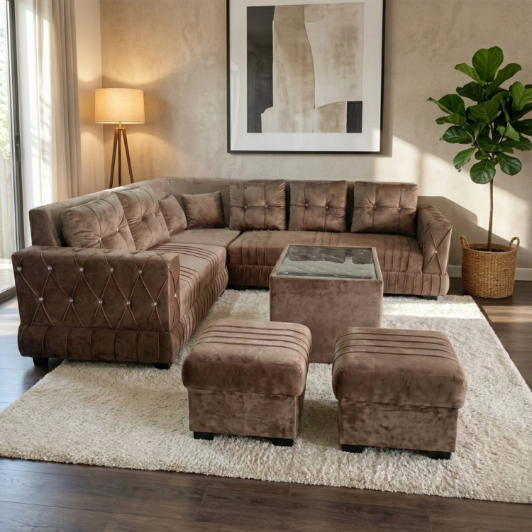 GAAOO Royal Velvet L-Shape Sofa Set with Center Table & Stools (Champagne Brown)