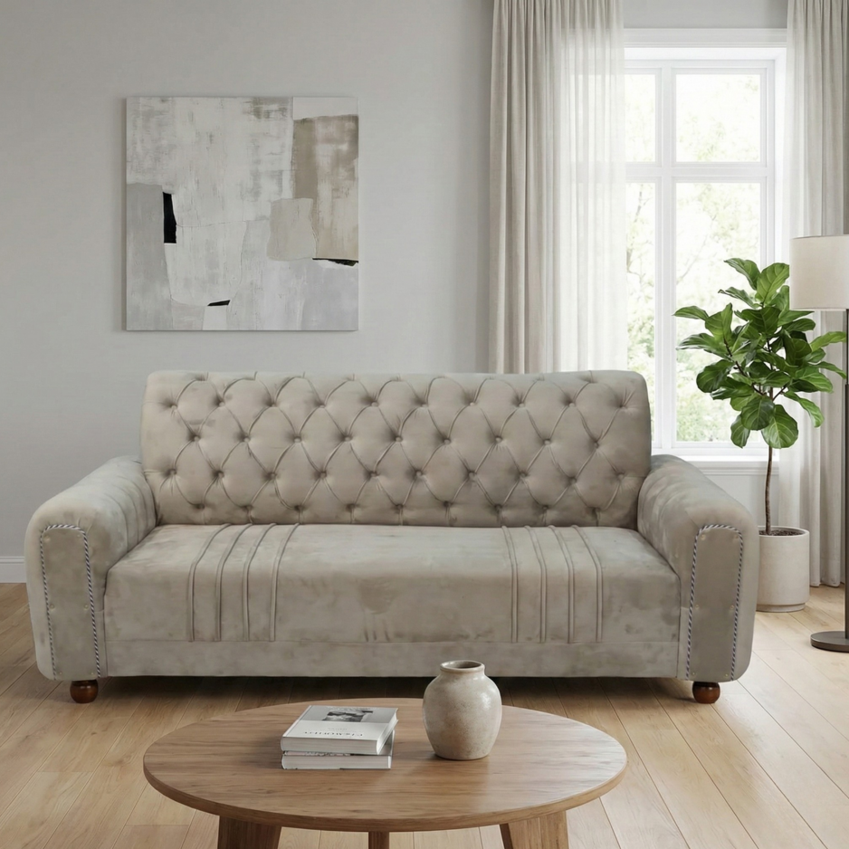 Gaaoo Premium Velvet Tufted 3-Seater Sofa – Beige